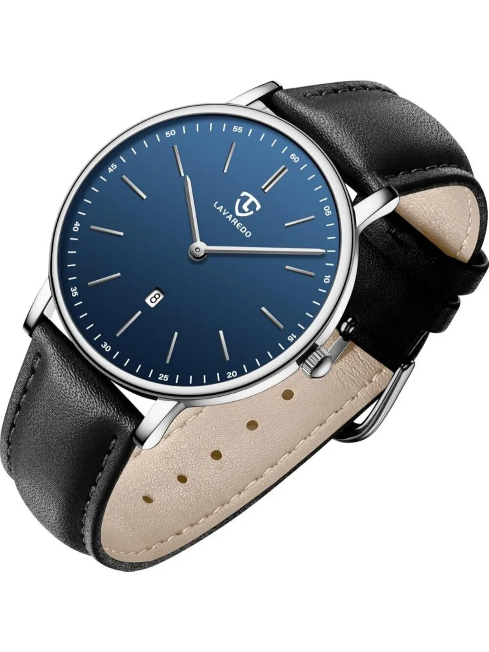 Men's Blue Dial Black Leather Strap Analog Minimalist Fashion Simple Wrist Watch